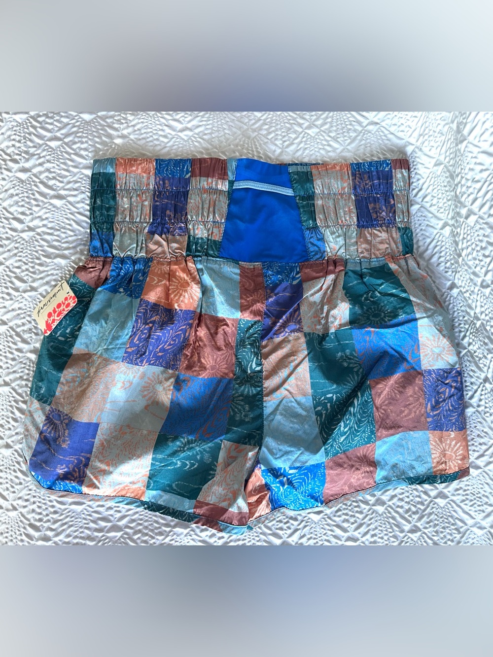 FP Movement by Free People Patchwork Teal Blue Copper Green Athletic Shorts - Picture 4 of 10